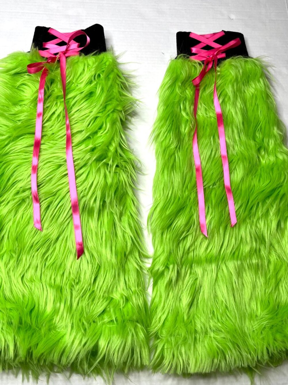 Neon Green Fur Leg Warmers Flared Boot Covers Corset Legwarmers Monster Costume - Picture 3 of 7